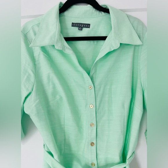 NWT Sharagano Mint Green Belted Midi Button Down Swing Dress, Size 16 - Picture 3 of 12